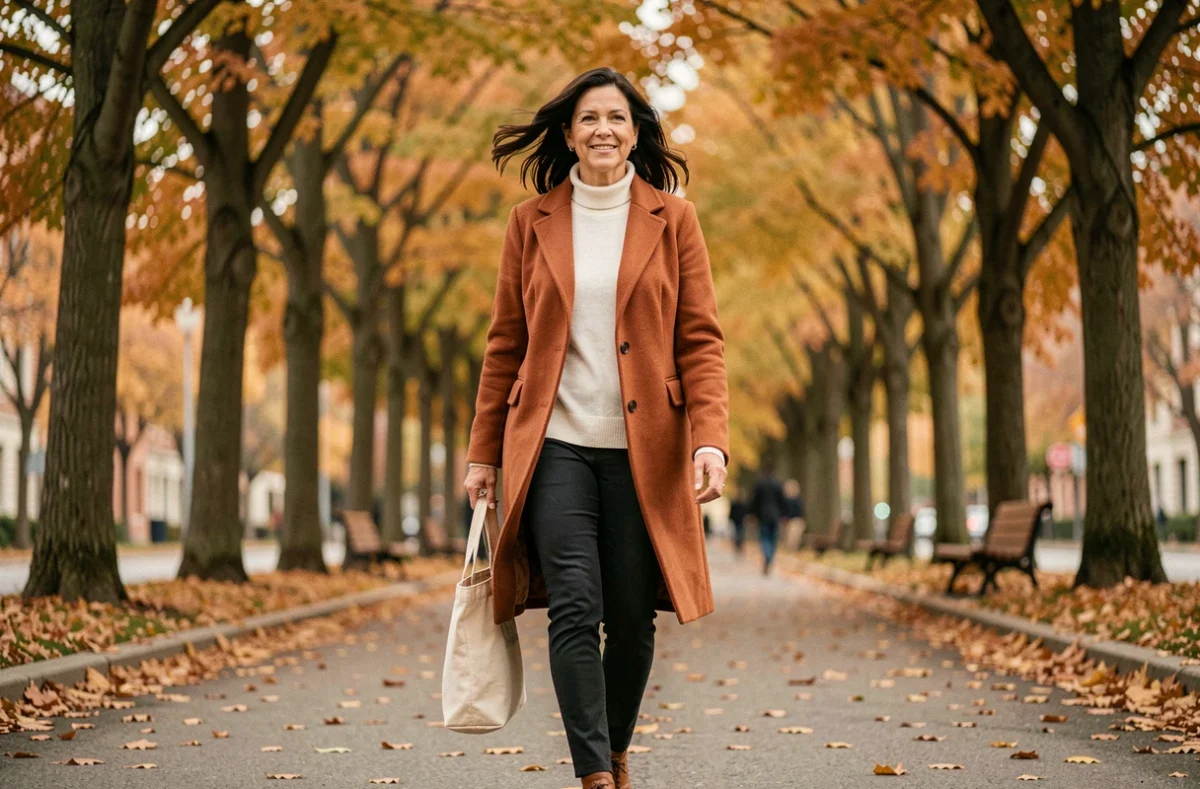 Femme se promenant en plein air sur une allée bordée d'arbres en automne, illustrant l'importance des activités extérieures pour le bien-être mental