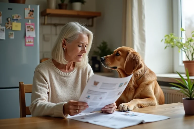 Femme avec chien à la maison vérifiant assurance animale