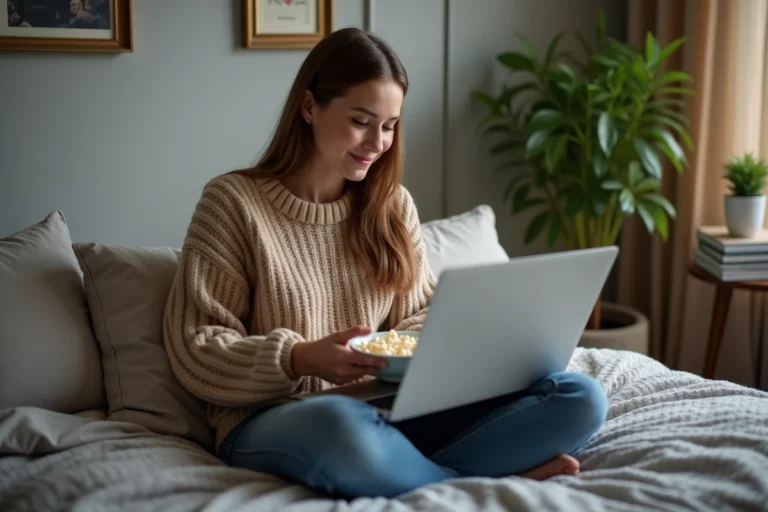 Jeune femme regardant un film sur son ordinateur dans une chambre moderne