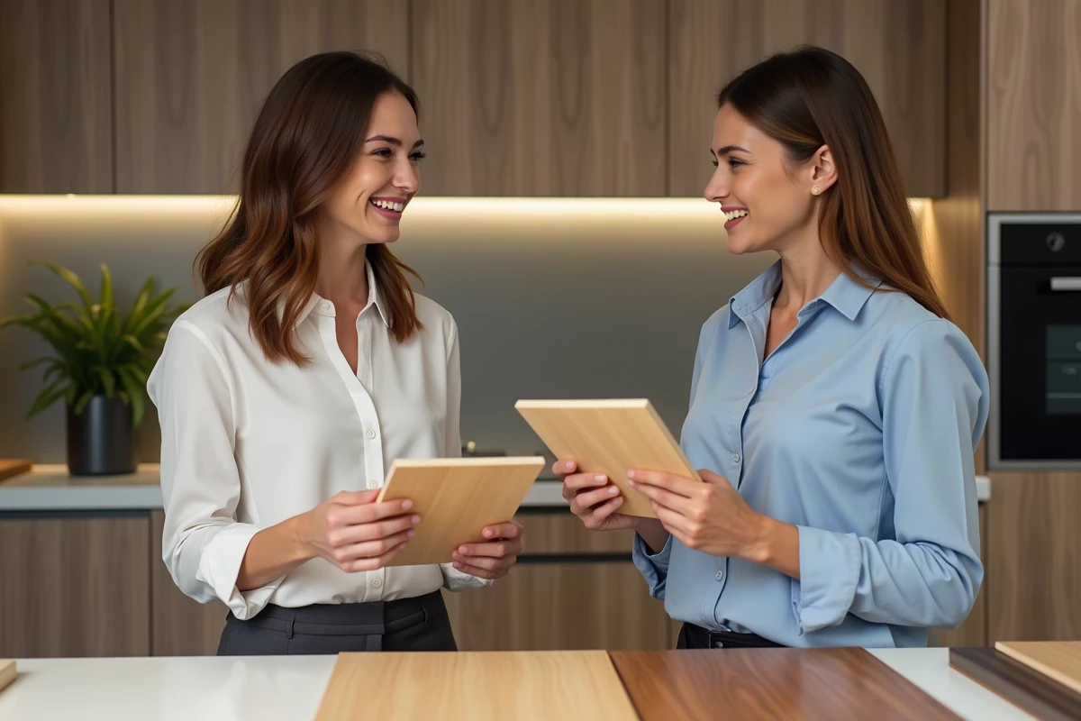 Femme discutant matériaux en cuisine moderne