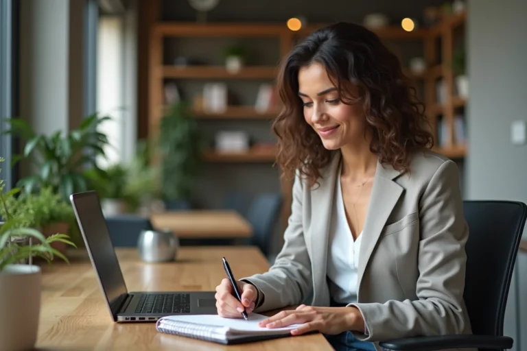 Femme concentrée travaillant sur son ordinateur dans un espace coworking