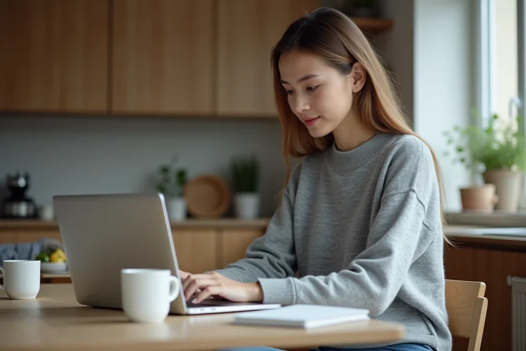 Jeune femme travaillant sur son ordinateur dans la cuisine