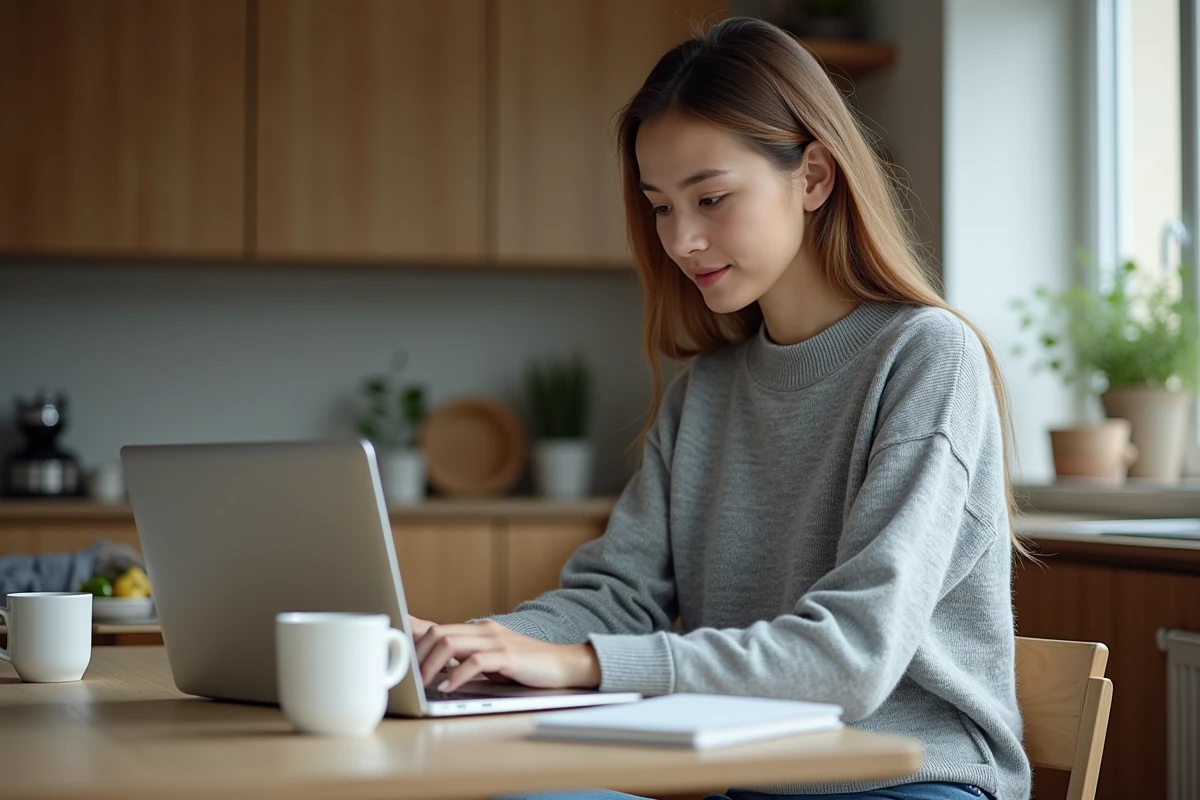 Jeune femme travaillant sur son ordinateur dans la cuisine