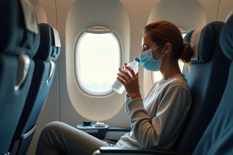 Jeune femme en voyage avec masque dans l'avion
