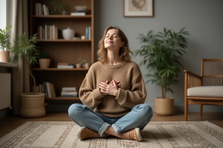 Femme méditant assise sur un tapis en intérieur