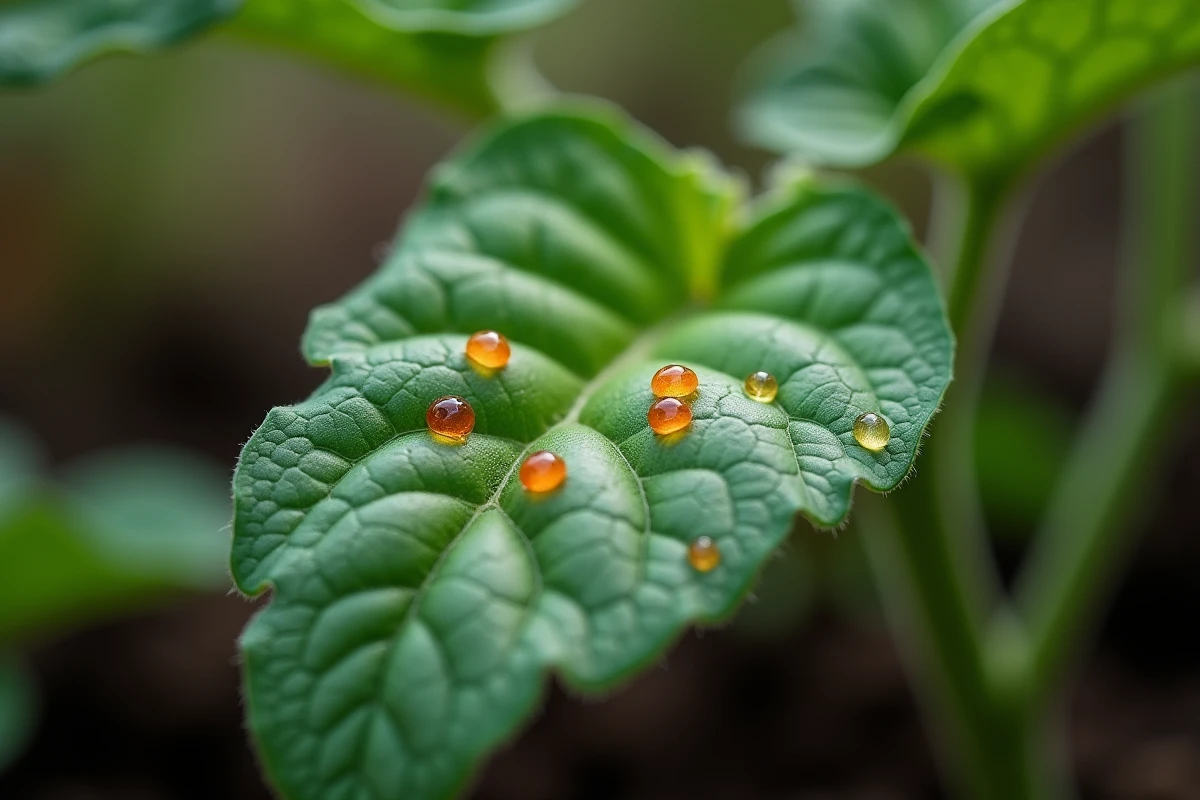 Gros plan sur une feuille de plante avec des gouttes d'eau au paprika dans un potager