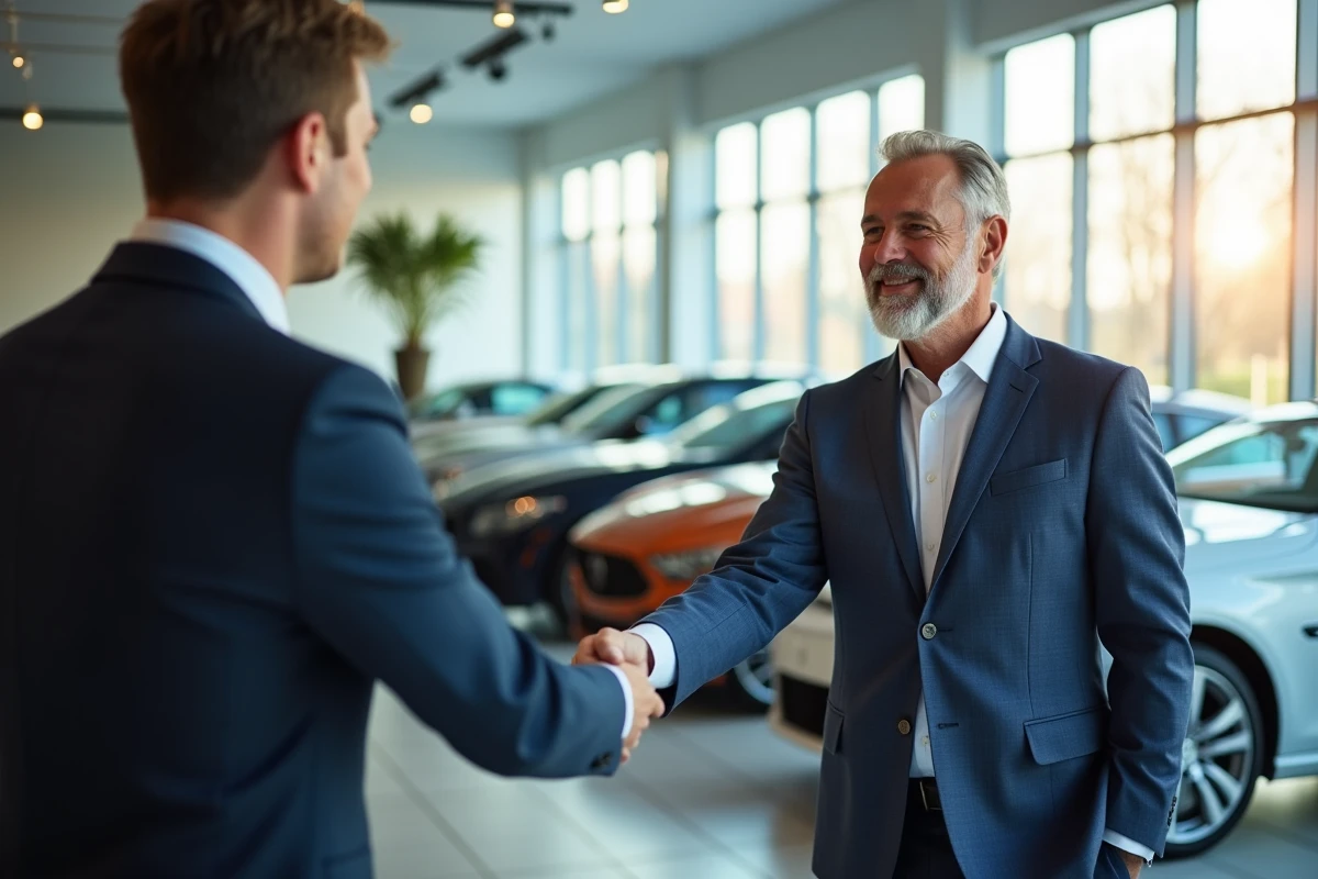 Homme d'affaires serrant la main d'une commerciale dans un showroom automobile
