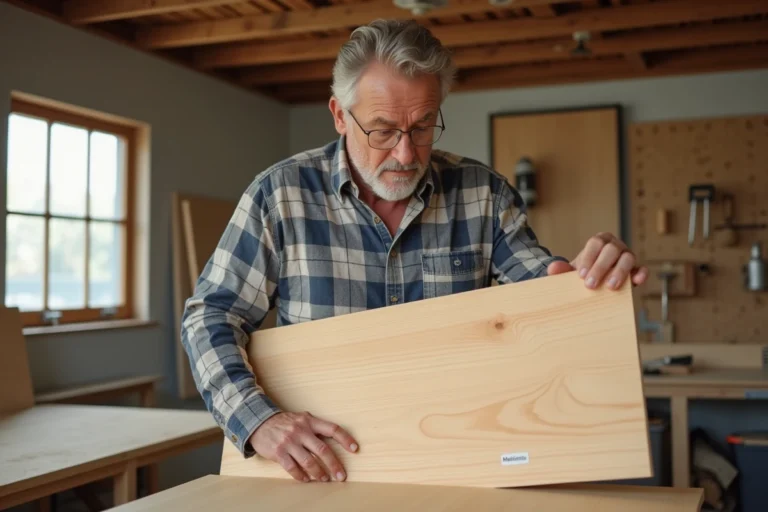 Homme inspectant panneaux de bois dans un atelier lumineux