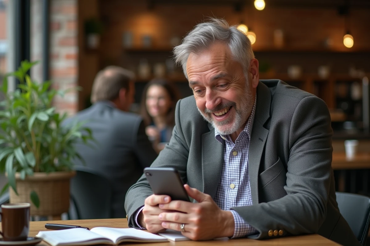 Homme surpris vérifiant son smartphone dans un café animé