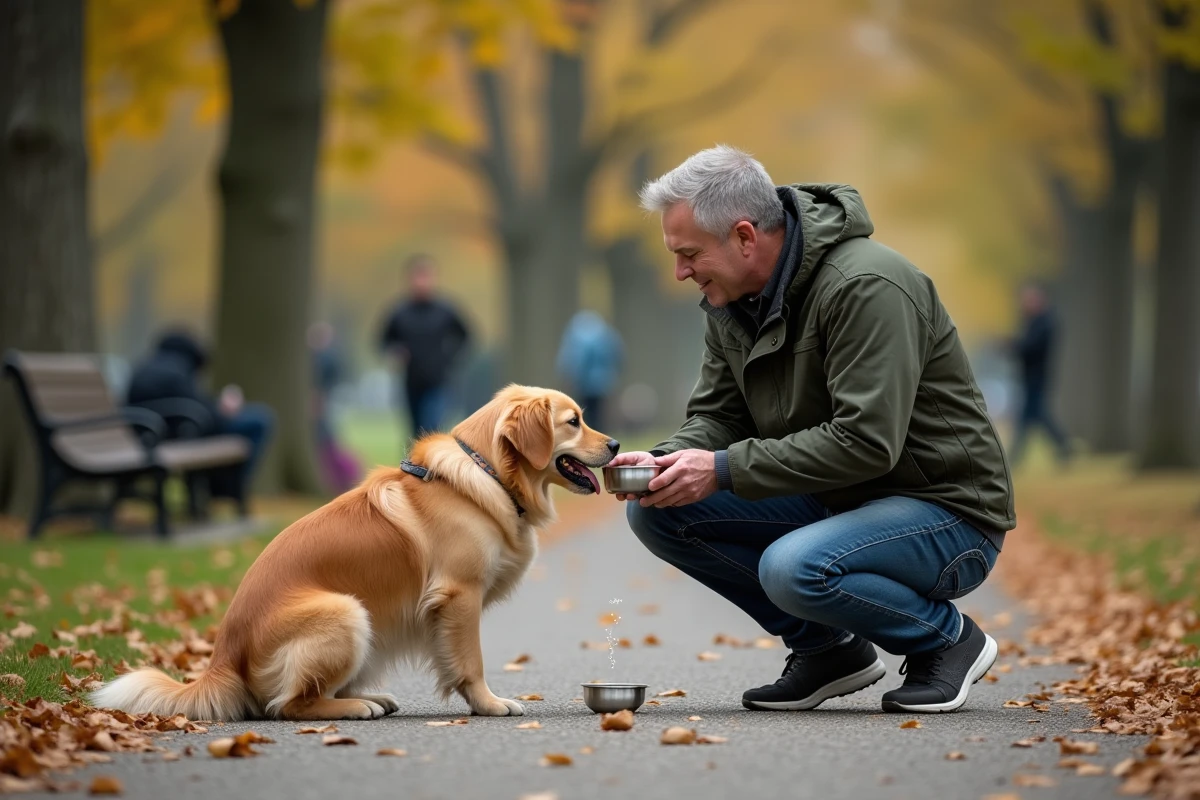 Homme donnant de l'eau à son golden retriever dans un parc urbain en automne
