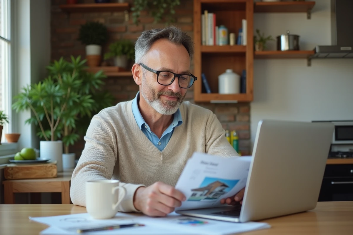Homme en sweater regardant des brochures immobilières à la maison