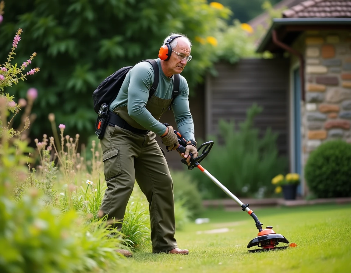 Homme utilisant une débroussailleuse thermique à courbe dans un jardin en fin d'été pour entretenir les bordures envahies
