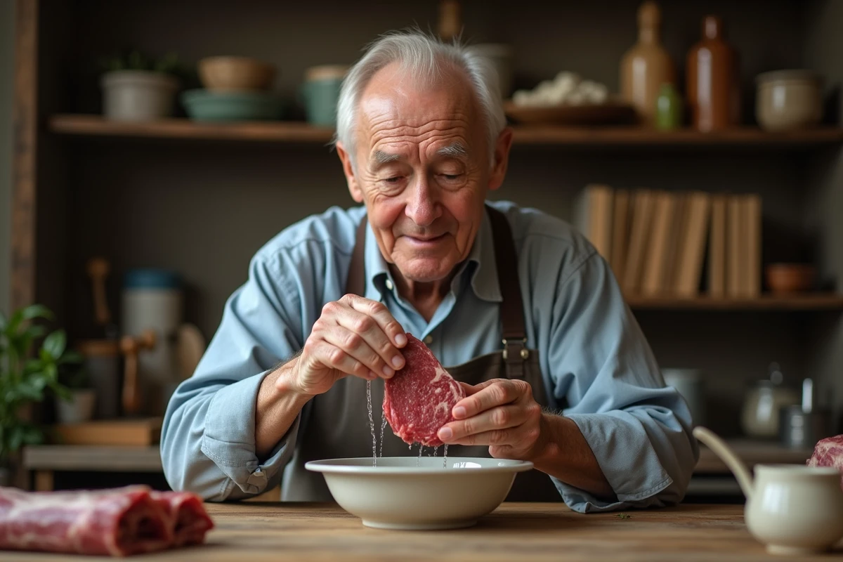 Homme âgé tient une langue de boeuf dans la cuisine rustique