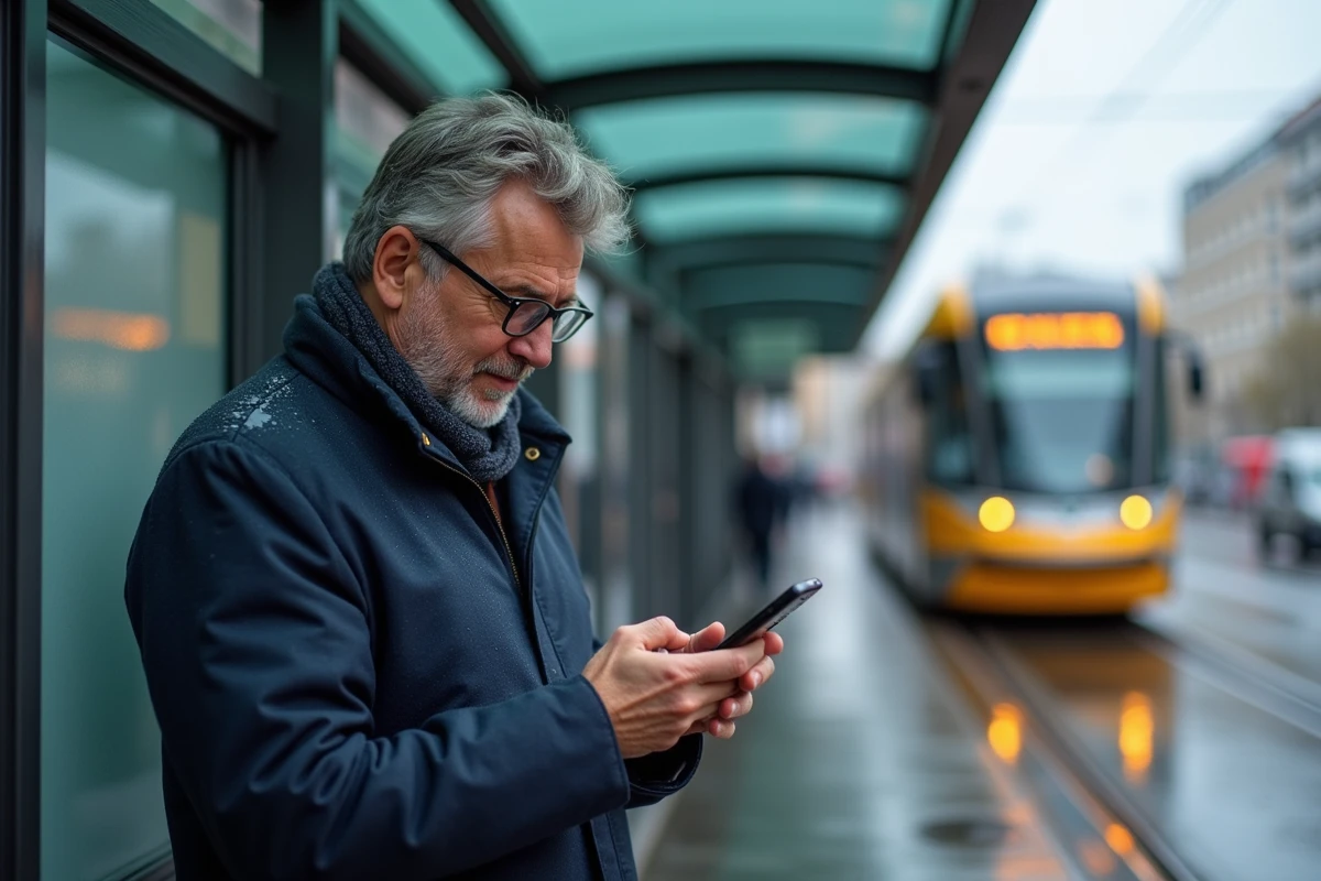 Homme lisant les actualites sur son smartphone dans la ville