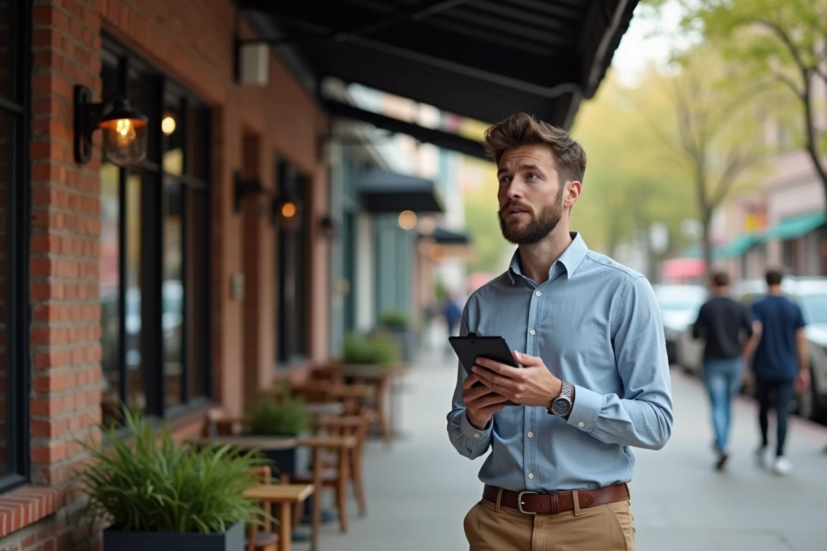 Homme parlant au téléphone dans un café urbain en extérieur