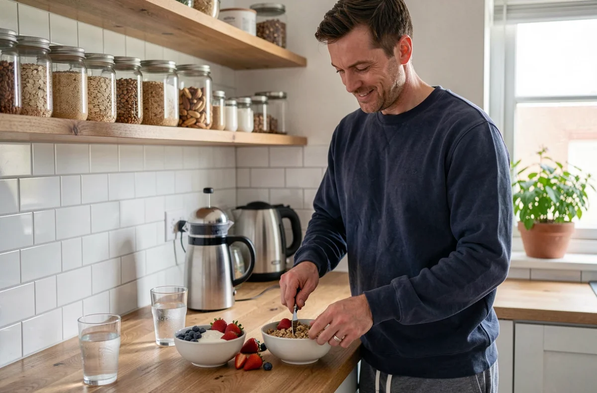 Homme préparant un bol de petit-déjeuner sain et équilibré dans une cuisine moderne pour prendre soin de sa santé au quotidien