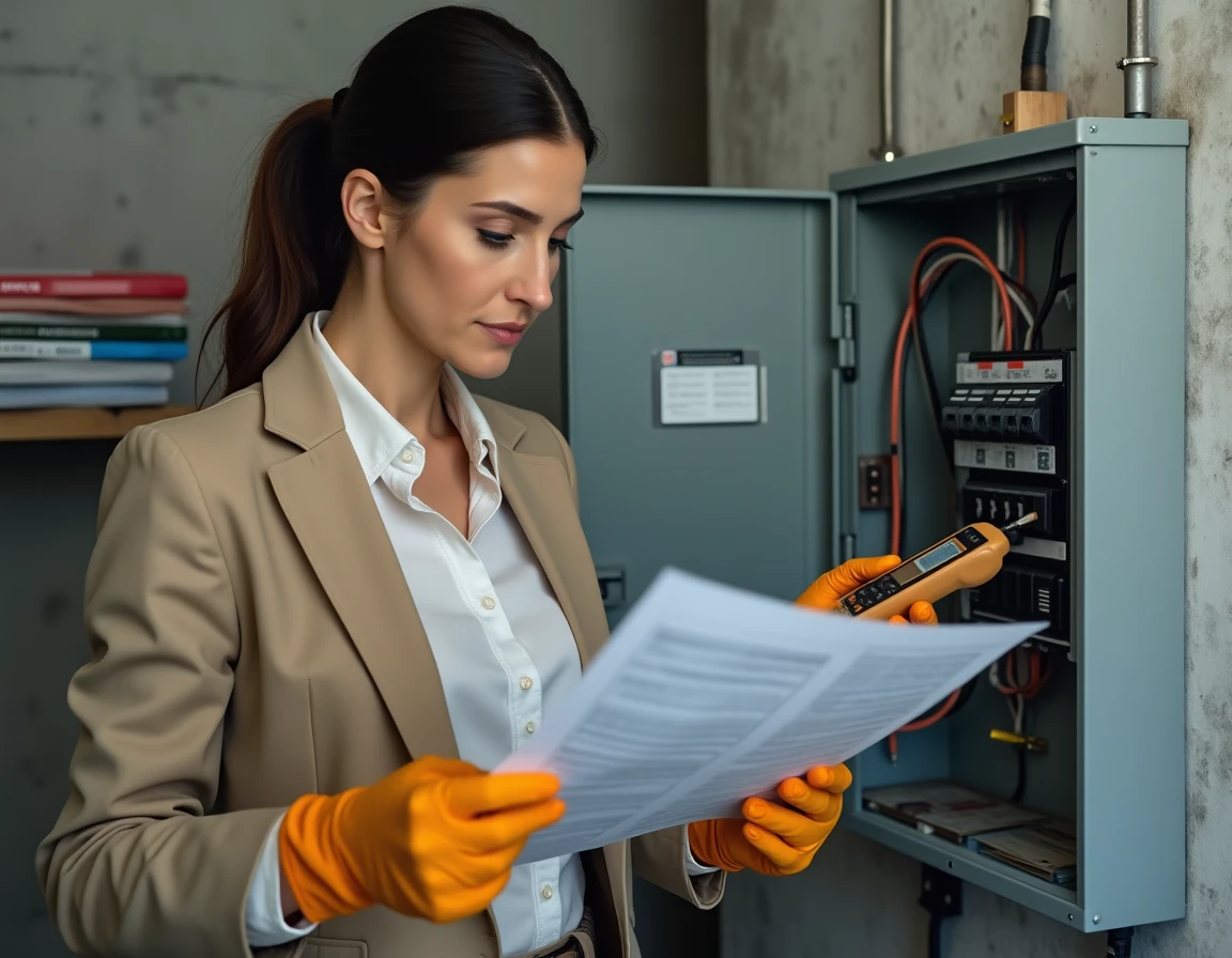 Inspectrice électrique vérifiant un tableau de disjoncteurs pour valider la conformité du circuit dédié à un micro-ondes selon la réglementation française