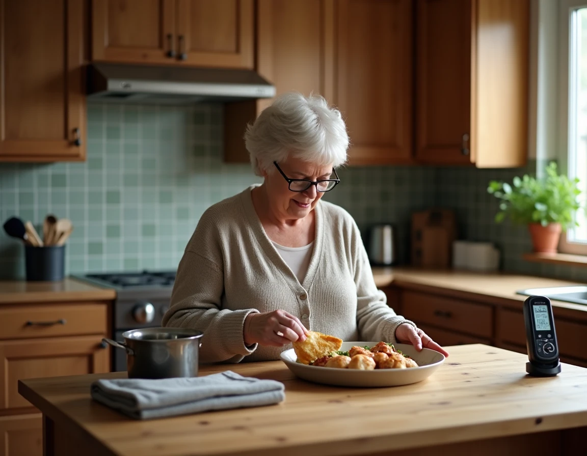 Femme lisant les instructions de réchauffage sur un emballage sous vide dans une cuisine rustique