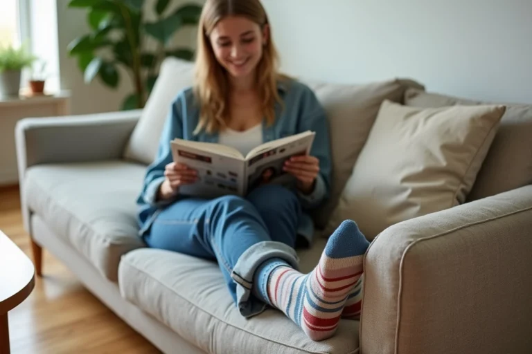 Jeune femme assise sur un canapé en mode décontracté portant des chaussettes tendance