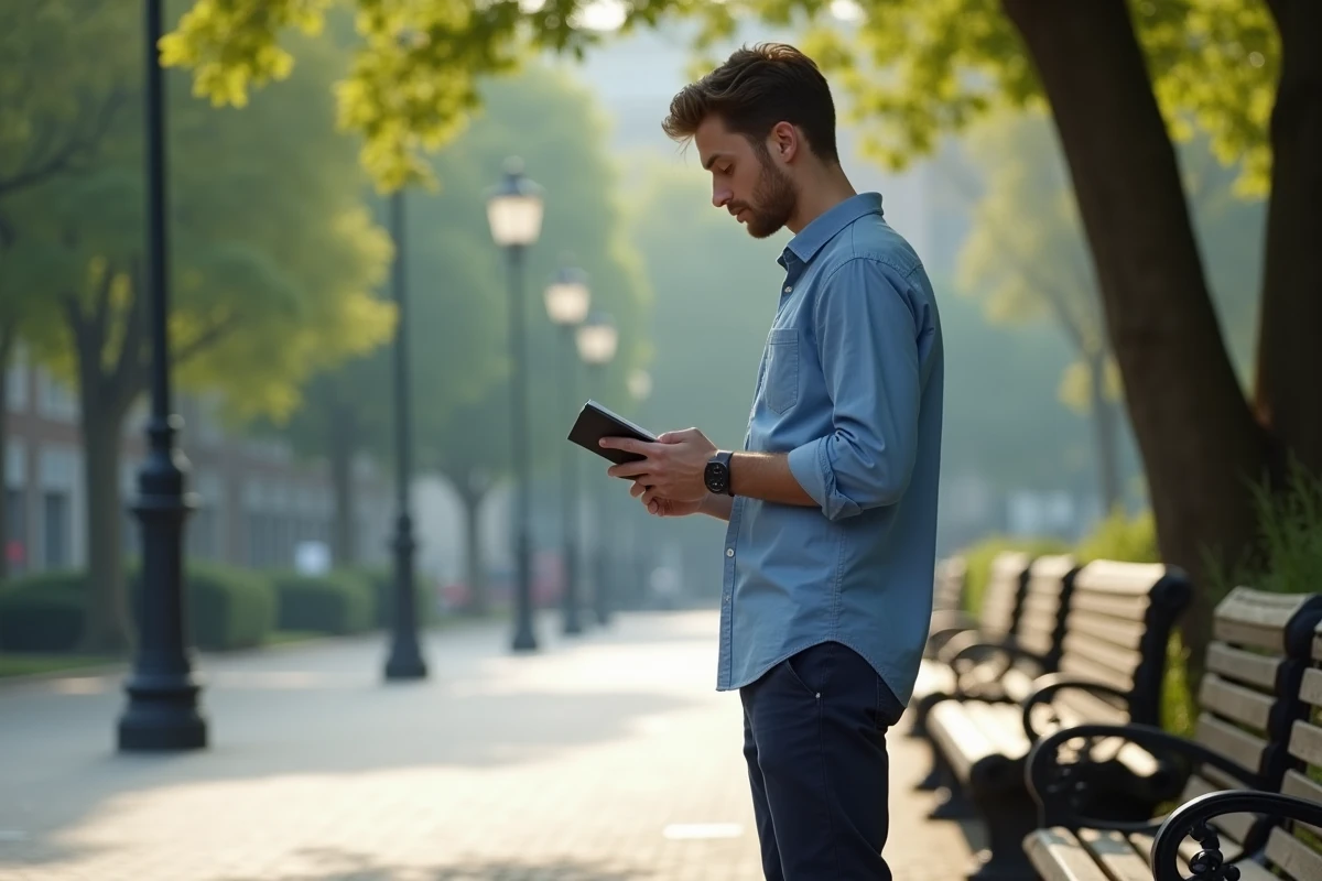 Jeune homme lisant dans un parc urbain calme