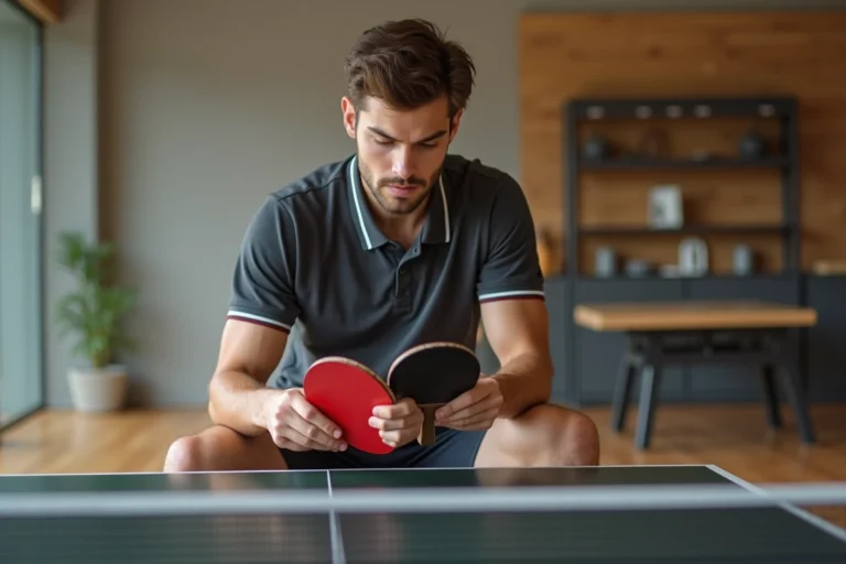 Jeune homme en polo sportif compare deux raquettes de ping pong
