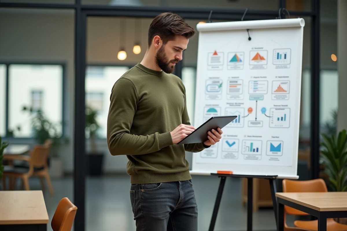 Jeune homme regardant un tableau blanc avec diagrammes de workflow