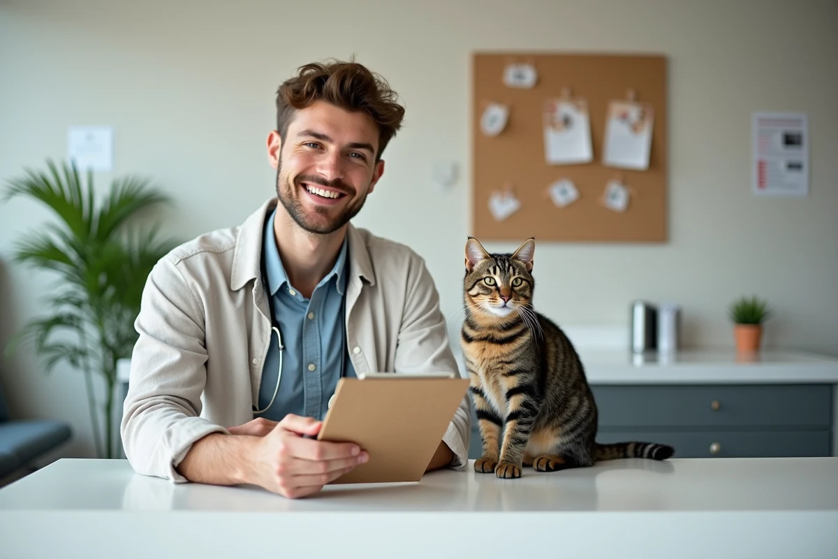 Jeune homme avec chat dans une clinique vétérinaire moderne
