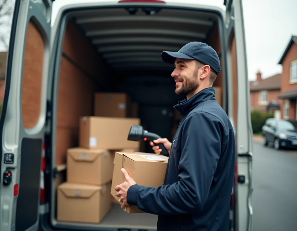 Livreur scannant des colis dans un camion de livraison pour un suivi de commande