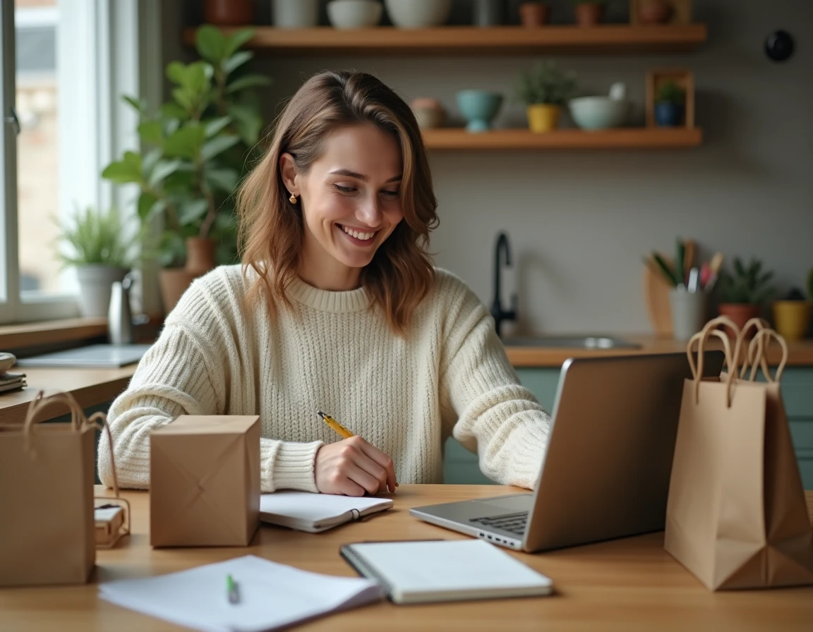 Maman organisée planifiant ses achats depuis sa cuisine avec tablette, notes et sacs de courses