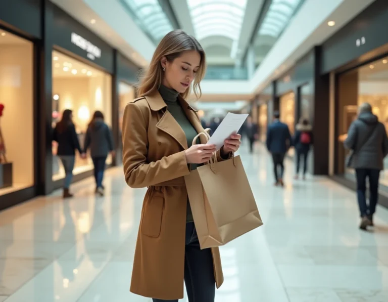 Maman tendance organisée faisant ses courses dans un centre commercial moderne avec un sac réutilisable et une liste d'achats