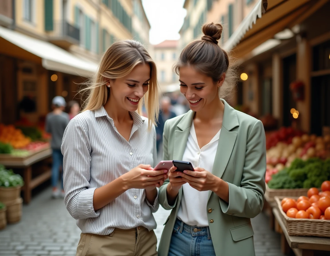 Deux mamans tendances comparant leurs bons plans shopping sur smartphone dans un marché extérieur animé