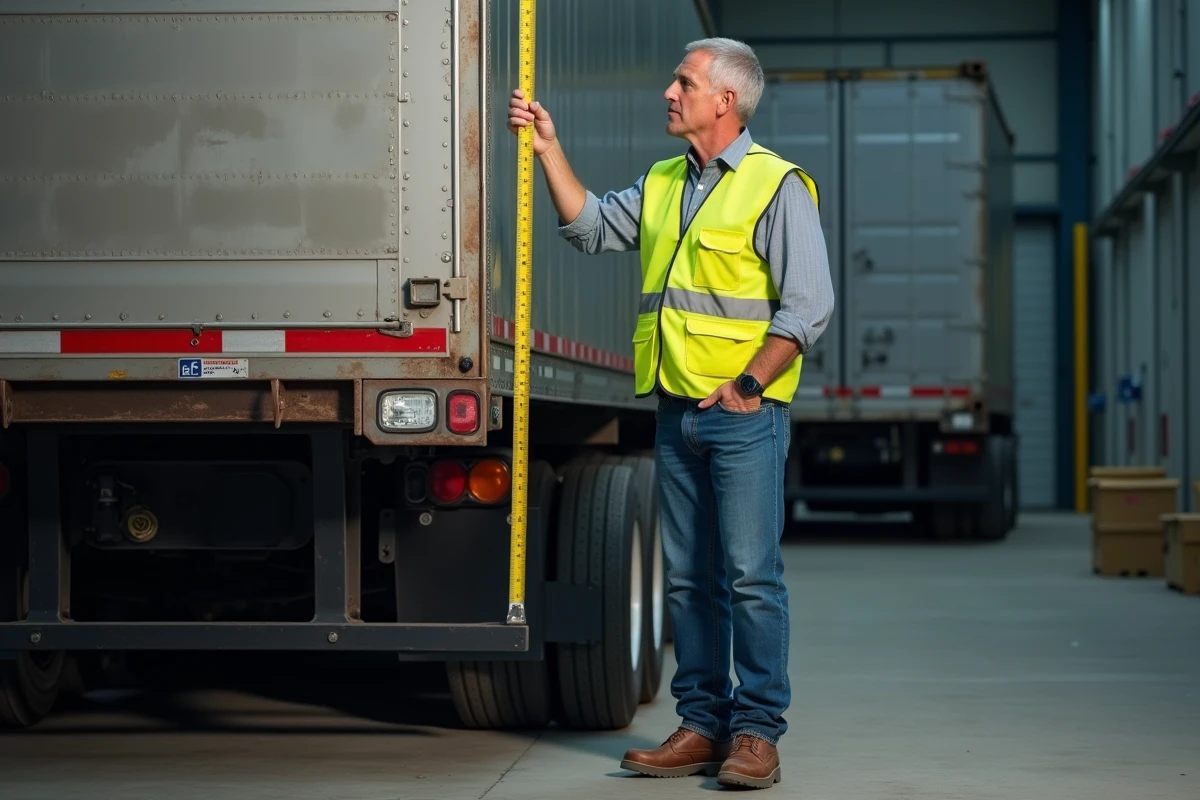 Chauffeur routier mesurant la hauteur d'une remorque de camion avec un mètre ruban dans un dépôt logistique