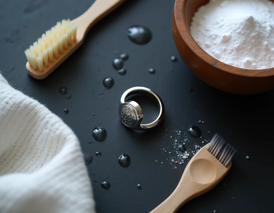 Vue de dessus d'une bague gravée en argent entourée d'accessoires de nettoyage maison sur une surface en ardoise sombre