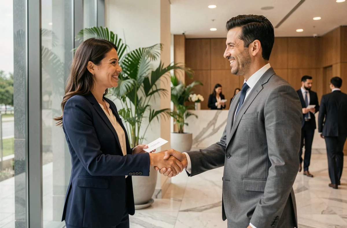 Deux entrepreneurs échangeant des cartes de visite lors d'un événement de networking professionnel