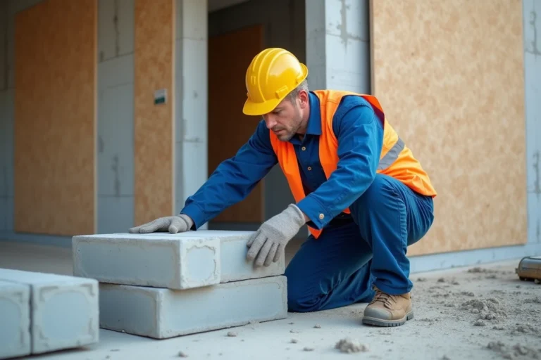 Ouvrier en tenue de chantier inspectant des parpaings gris