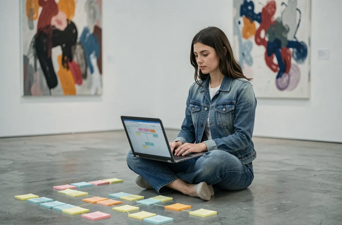 Jeune femme planifiant la navigation d'un site d'art avec des notes autocollantes sur le sol d'une galerie contemporaine