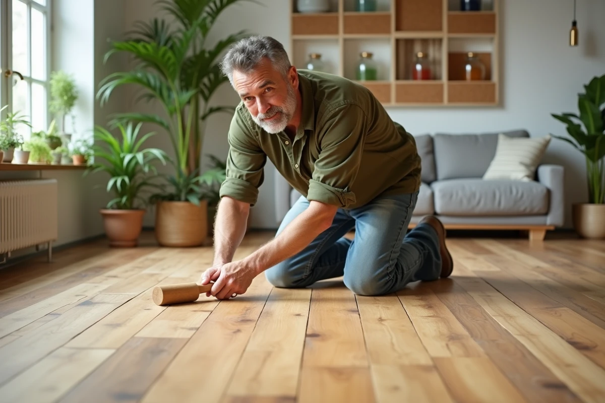 Homme posant un parquet en bambou écologique dans un salon rénové avec des matériaux naturels et durables