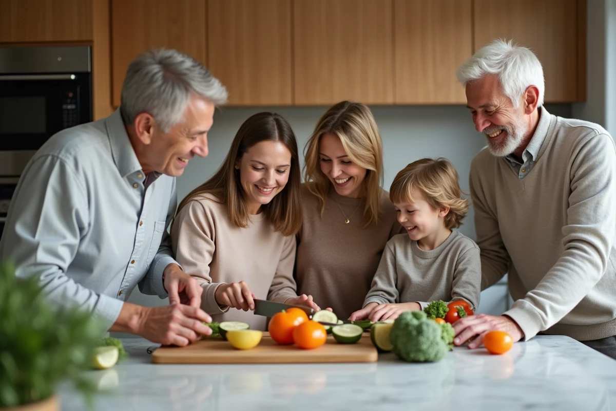 Famille multigenerational préparant le déjeuner dans la cuisine