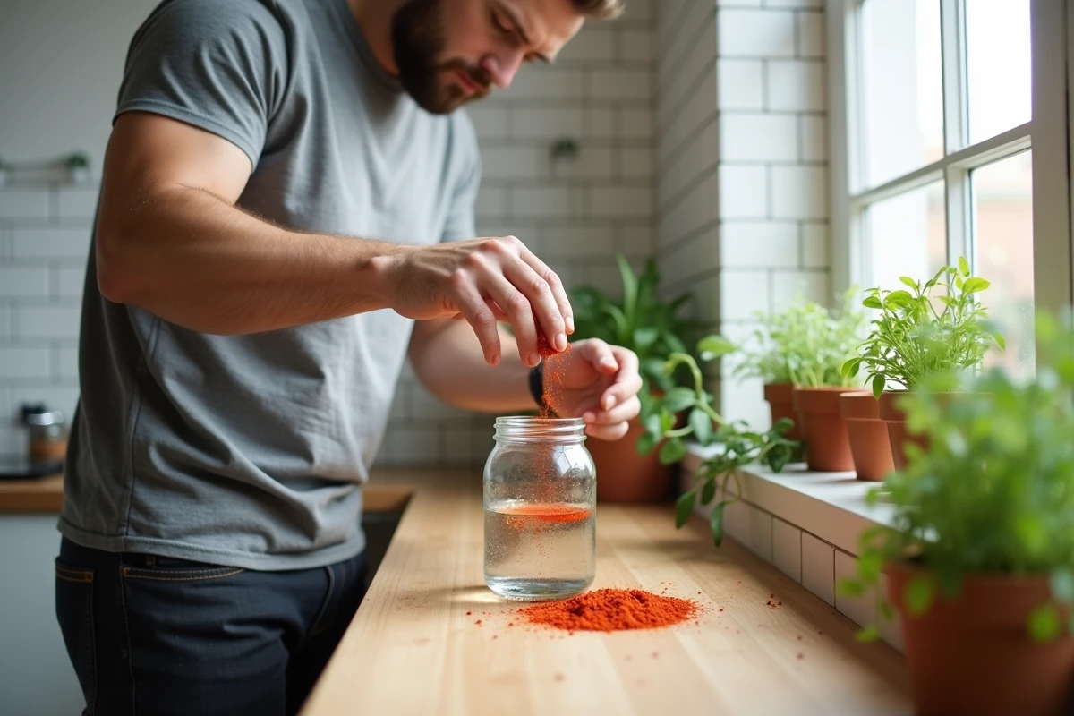 Préparation d'une solution de paprika dans l'eau pour arroser les plantes d'intérieur en cuisine