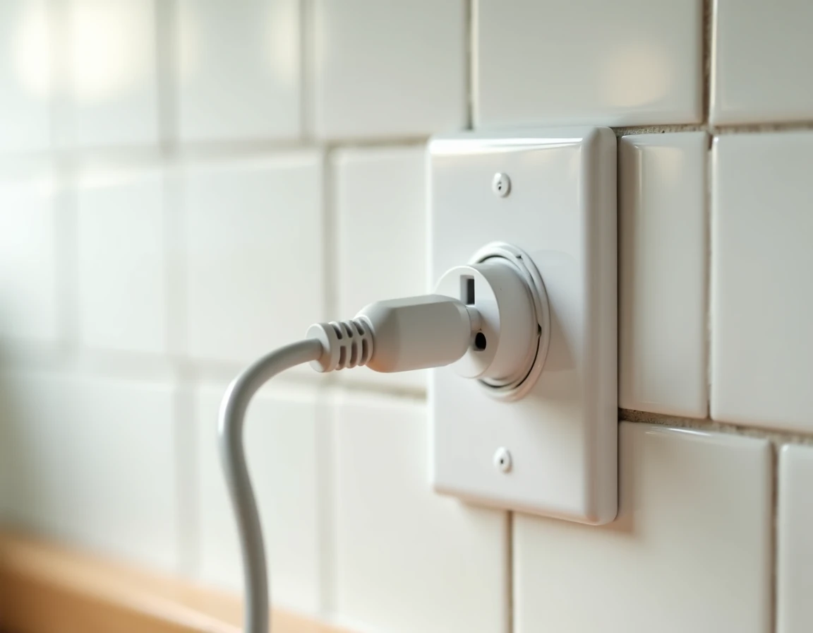 Prise électrique de terre pour micro-ondes encastrée dans un carrelage de cuisine, illustrant les normes de sécurité électrique NF C 15-100