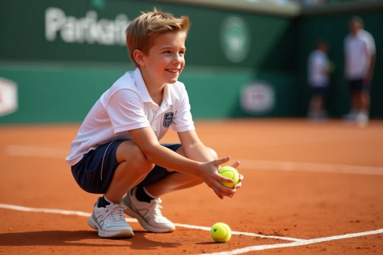 Ramasseur de balle adolescent en tenue officielle accroupi sur un court en terre battue lors d'un tournoi de tennis professionnel