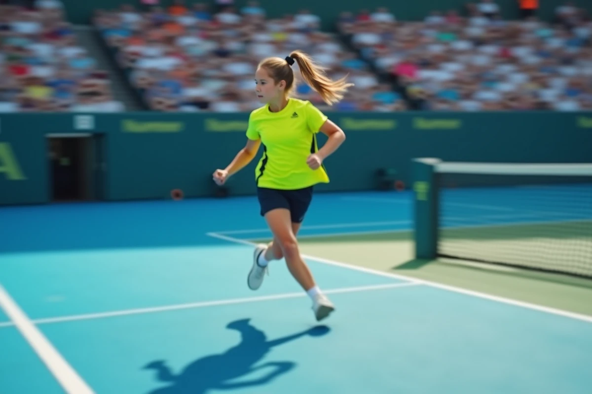 Ramasseuse de balles en action courant sur un court en dur bleu lors d'un grand tournoi de tennis professionnel
