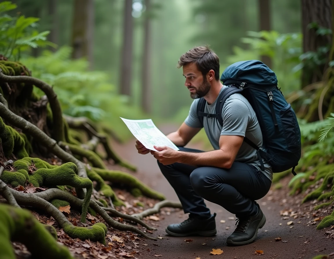 Randonneur masculin consultant une carte topographique sur un sentier forestier entouré de végétation dense