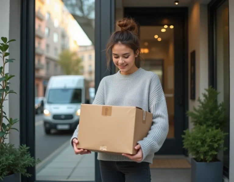 Jeune femme recevant un colis Zalando devant la porte de son appartement