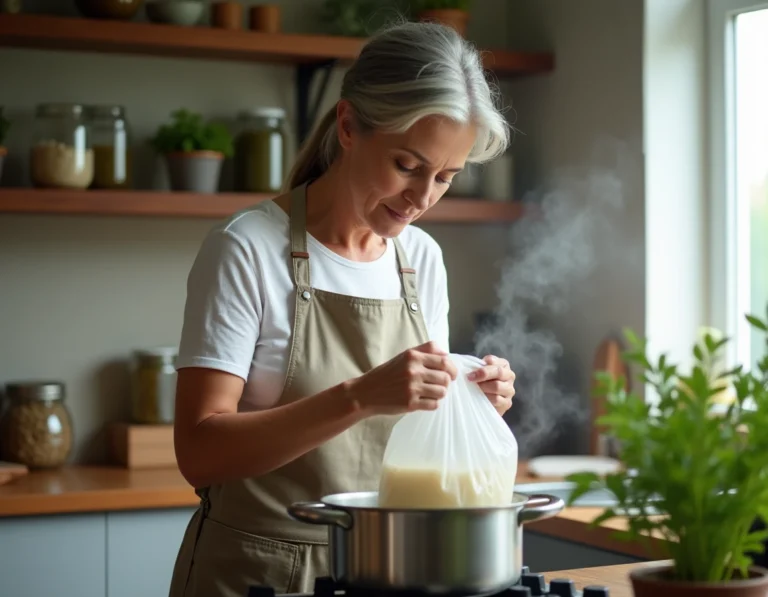 Femme réchauffant un plat sous vide dans une casserole d'eau chaude sur une cuisinière moderne