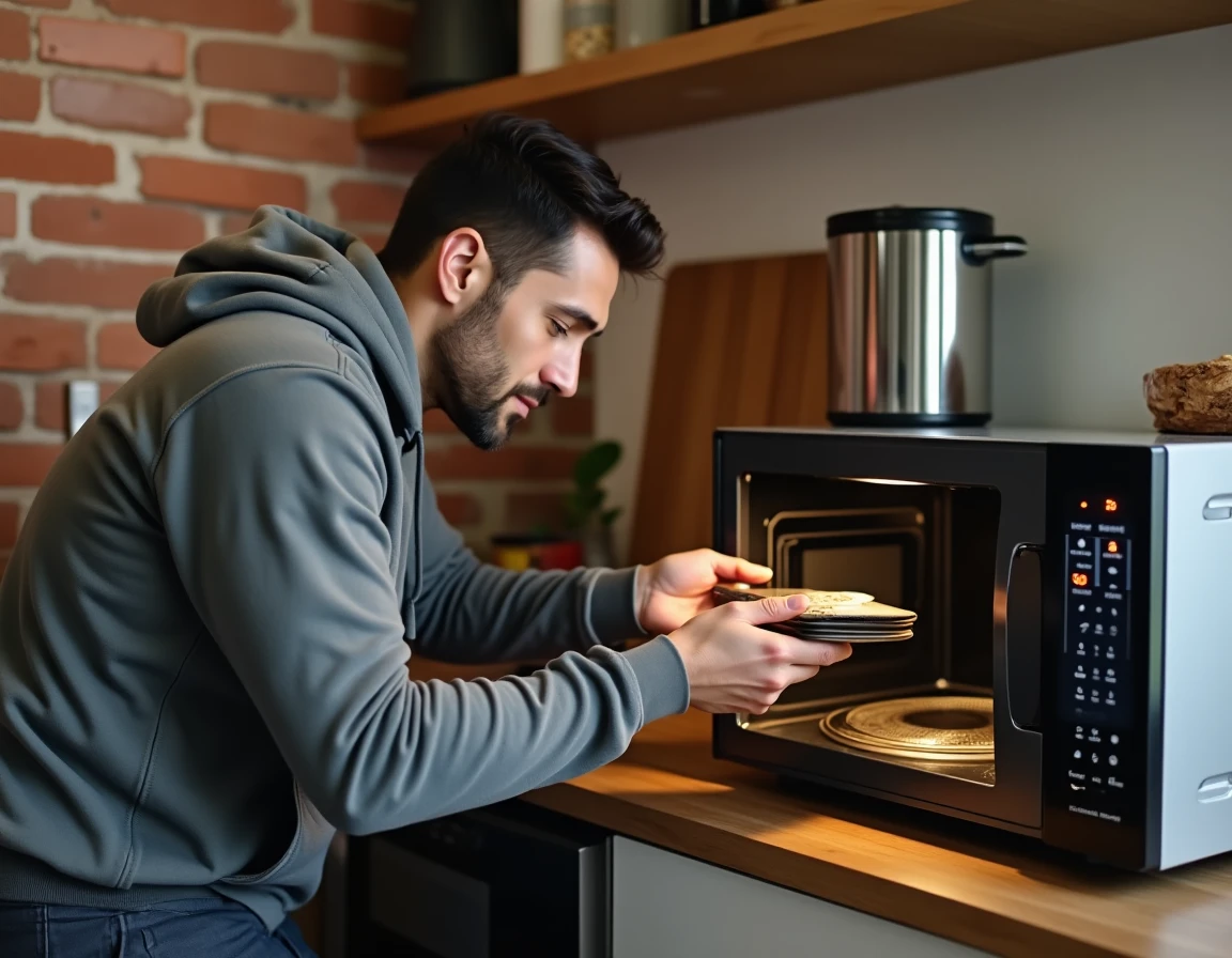 Homme plaçant un sachet sous vide dans un micro-ondes dans une cuisine d'appartement