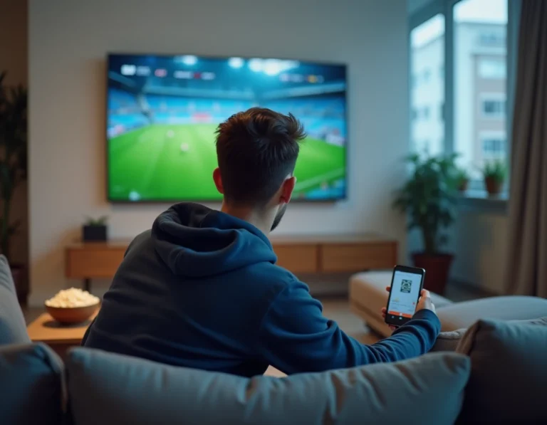 Homme regardant un match de football en streaming sur sa télévision dans son salon moderne