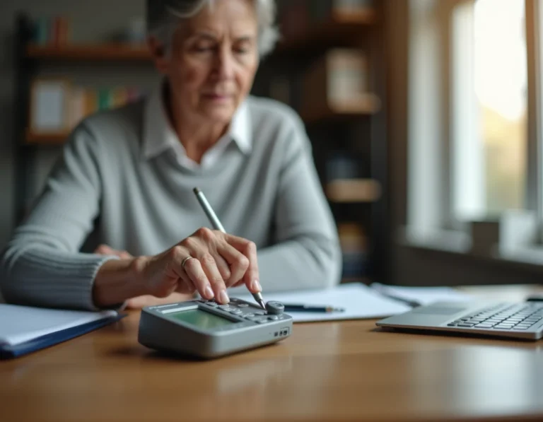 Femme réinitialisant la station météo La Crosse Technology WD9541 avec un stylo à bille sur un bureau en bois