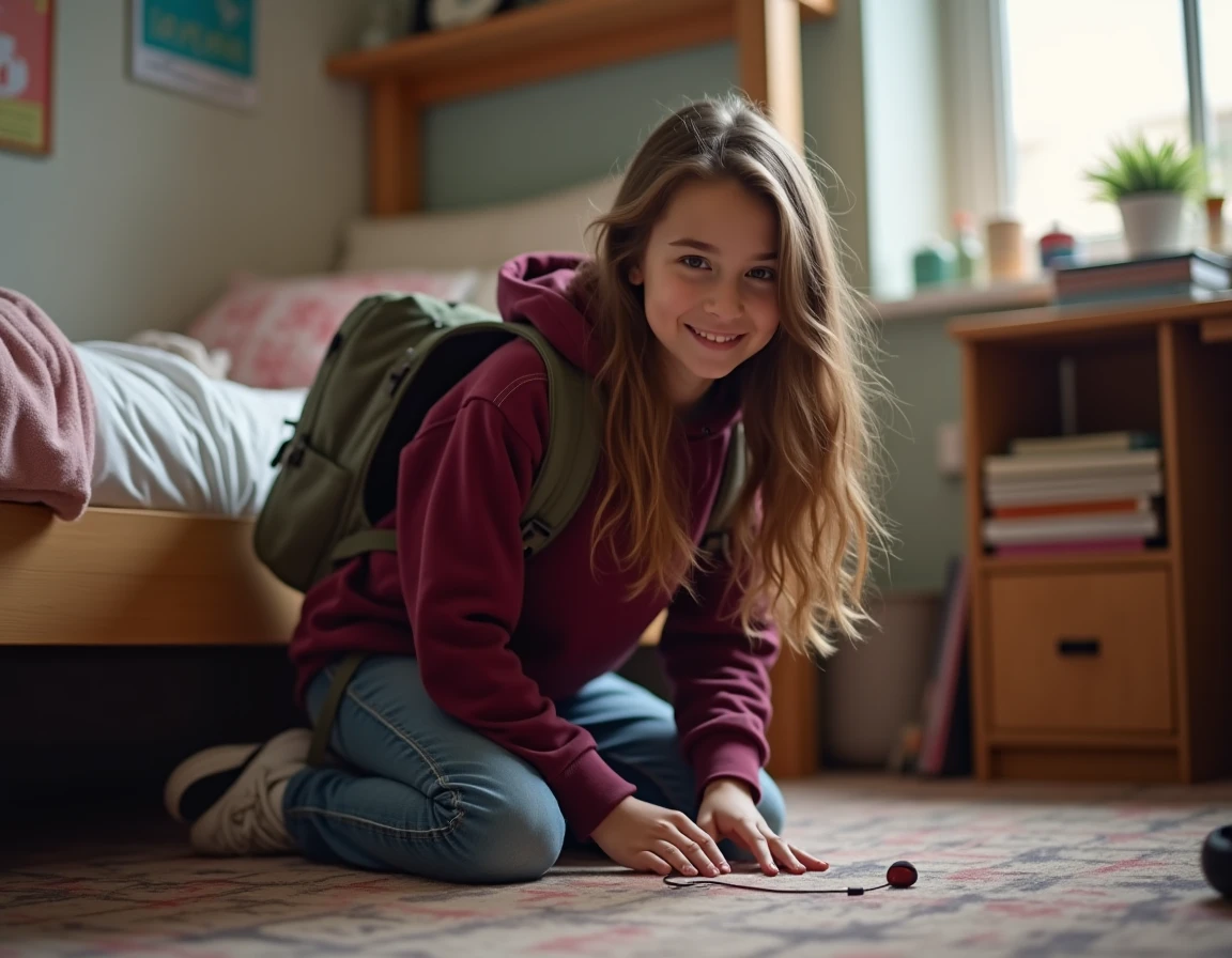 Adolescente retrouvant ses écouteurs grâce à un tracker Bluetooth dans sa chambre d'étudiante