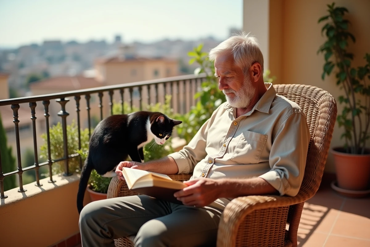 Homme âgé lisant sur un balcon méditerranéen avec son chat en noir et blanc